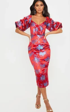 Floral Jacquard Lace Up Back Midi Dress-PrettyLittleThing New