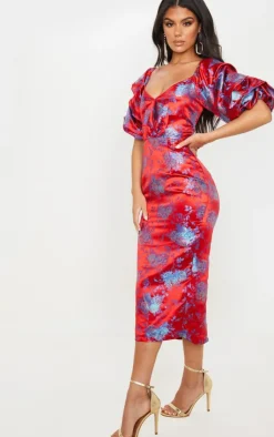 Floral Jacquard Lace Up Back Midi Dress-PrettyLittleThing New