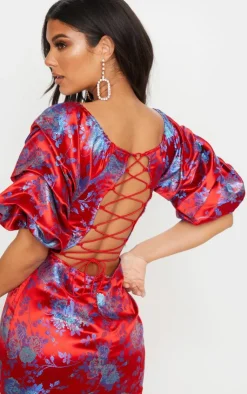 Floral Jacquard Lace Up Back Midi Dress-PrettyLittleThing New