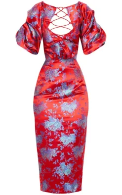 Floral Jacquard Lace Up Back Midi Dress-PrettyLittleThing New