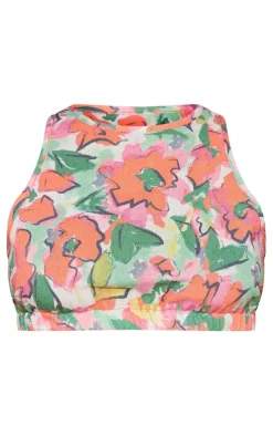 Best PrettyLittleThing Floral Print Linen Look Sleeveless Crop Top Red