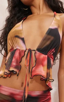 Hot PrettyLittleThing Floral Print Mesh Halterneck Top Red