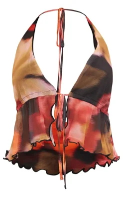 Hot PrettyLittleThing Floral Print Mesh Halterneck Top Red