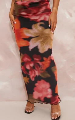 Discount PrettyLittleThing Floral Print Mesh Low Rise Midaxi Skirt Red