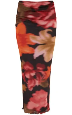 Discount PrettyLittleThing Floral Print Mesh Low Rise Midaxi Skirt Red