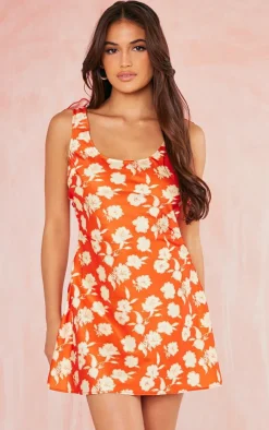 Floral Print Satin Frill Detail Low Back Shift Dress-PrettyLittleThing Outlet