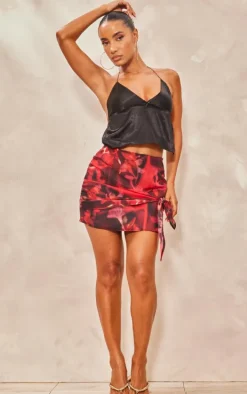 Red Floral Print Textured Chiffon Knot Front Mini Skirt