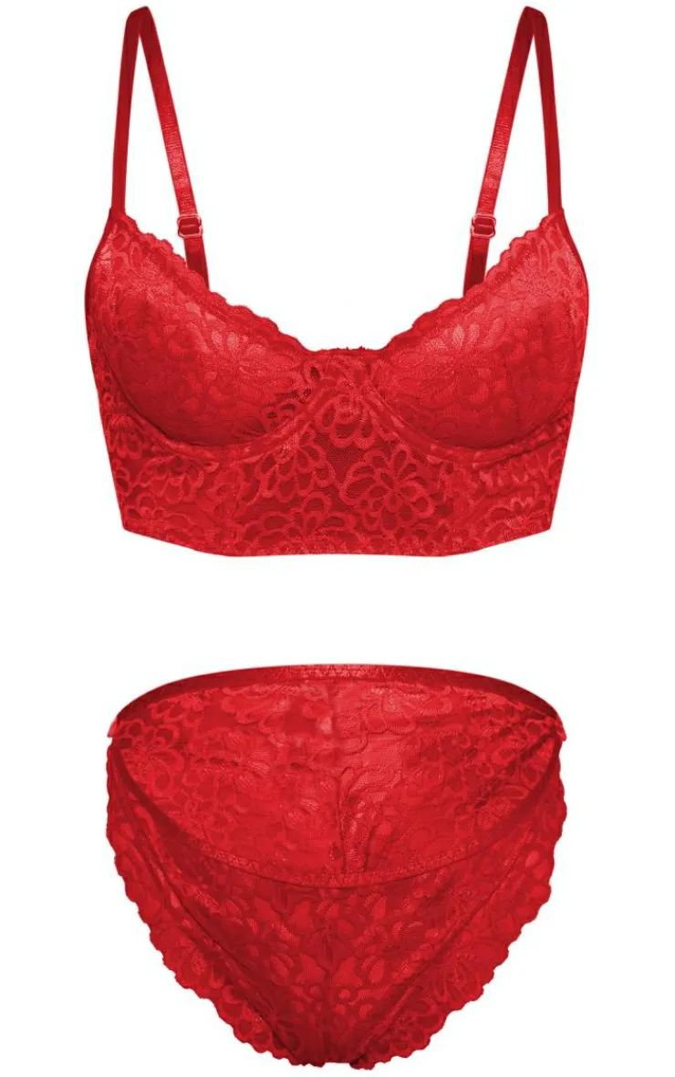 Floral Scalloped Edge Lace Longline Bra And Panties Set-PrettyLittleThing Sale