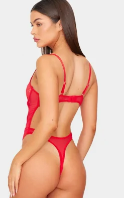 Red Floral Scalloped Edge Lace Cut Out Bodysuit