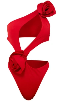 PrettyLittleThing Christmas Shop*Flower Detail Cut Out Asymmetric Swimsuit