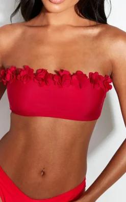 Red Flower Trim Bandeau Bikini Top