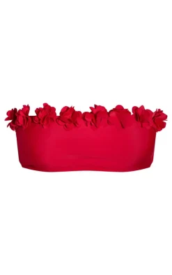 Red Flower Trim Bandeau Bikini Top