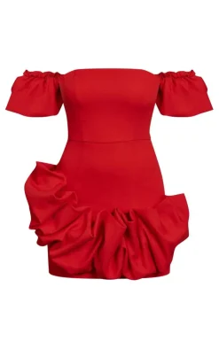 Frill Detail Puff Sleeve Bardot Bodycon Dress-PrettyLittleThing Hot