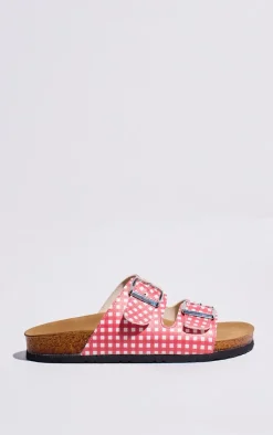 PrettyLittleThing Flat Sandals*Gingham PU Buckle Strap Flat Sandals