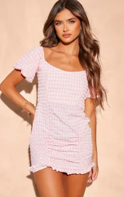 Gingham Puff Sleeve Bodycon Dress-PrettyLittleThing
