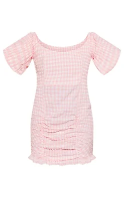 Gingham Puff Sleeve Bodycon Dress-PrettyLittleThing