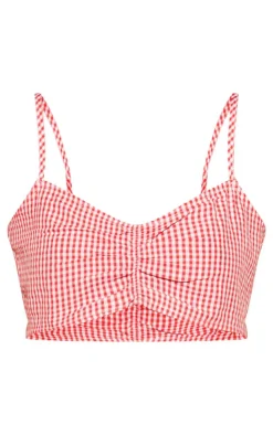 Hot PrettyLittleThing Gingham Ruched Front Crop Top Red