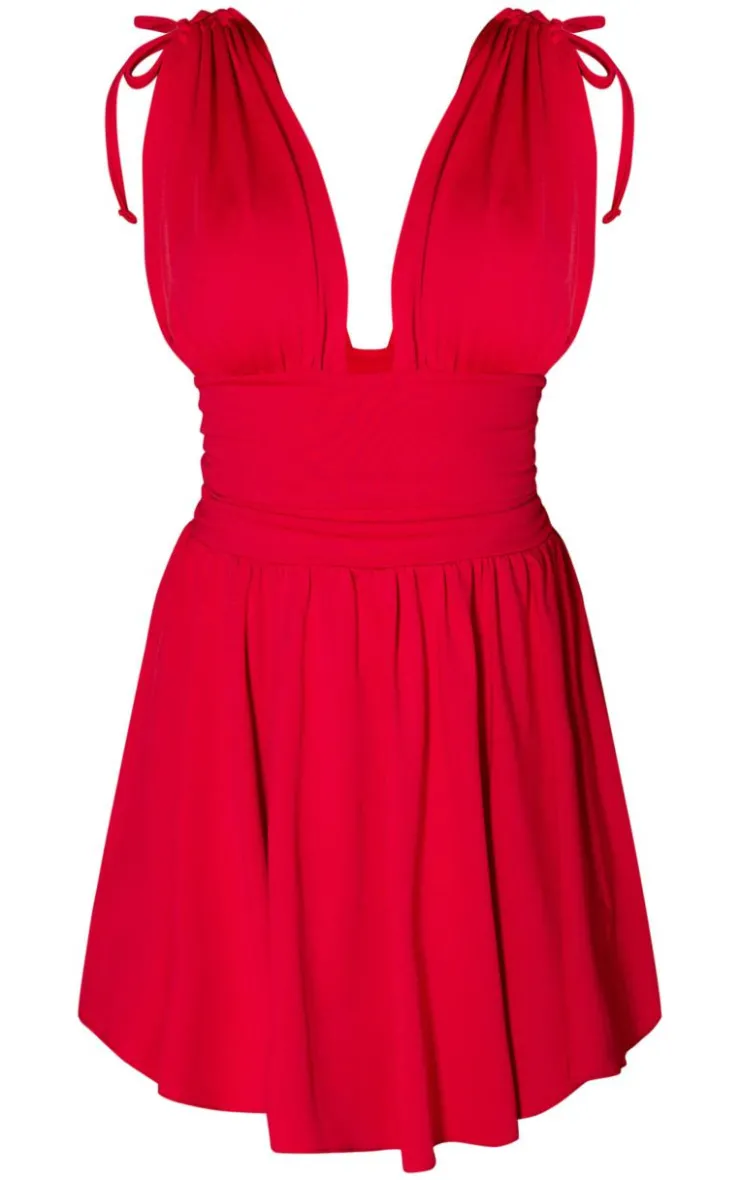 Red Jersey Plunge Neck Shift Dress-PrettyLittleThing New
