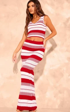 Best PrettyLittleThing Knitted Contrast Mid-rise Maxi Skirt Red