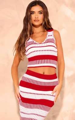 Discount PrettyLittleThing Knitted Contrast Plunge-neck Cami Top Red