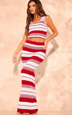 Discount PrettyLittleThing Knitted Contrast Plunge-neck Cami Top Red