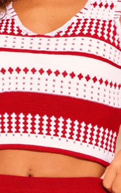 Discount PrettyLittleThing Knitted Contrast Plunge-neck Cami Top Red