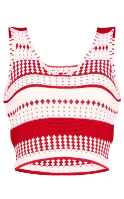 Discount PrettyLittleThing Knitted Contrast Plunge-neck Cami Top Red
