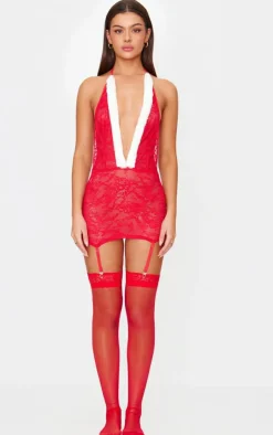 PrettyLittleThing Christmas Shop*Lace Christmas Faux Fur Trim Slip Dress