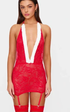 PrettyLittleThing Christmas Shop*Lace Christmas Faux Fur Trim Slip Dress