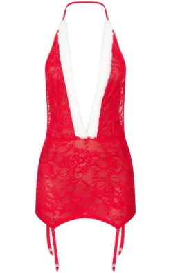 PrettyLittleThing Christmas Shop*Lace Christmas Faux Fur Trim Slip Dress
