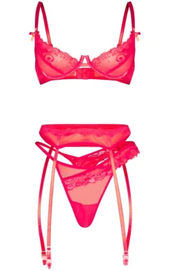 PrettyLittleThing Christmas Gifts*Lace Detail Mesh 3 Piece Lingerie Set