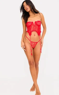 Red Lace Frill Underwired Corset Lingerie Set