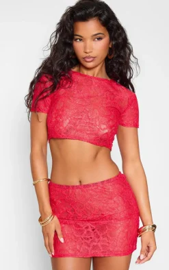 New PrettyLittleThing Lace Sheer Micro Mini Skirt Red