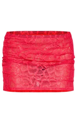 New PrettyLittleThing Lace Sheer Micro Mini Skirt Red