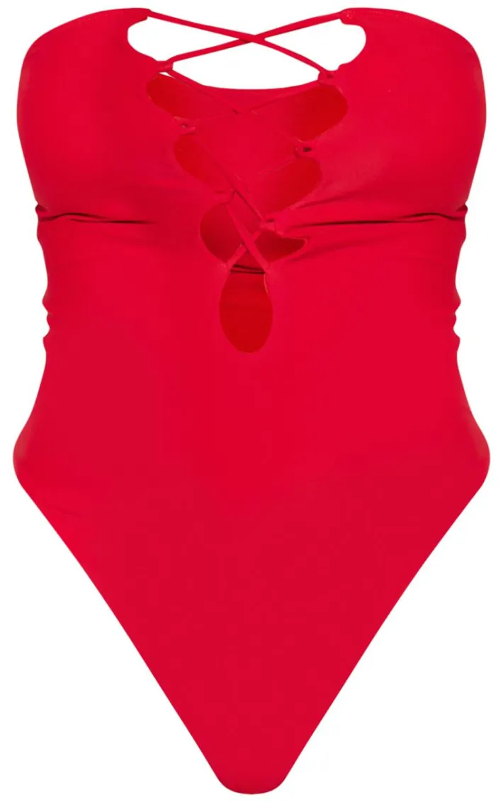 Red Lace Up Bandeau High Leg Swimsuit