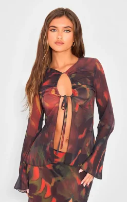 Online PrettyLittleThing Leaf Print Chiffon Key Hole Front Tie Fluted Sleeve Top Red