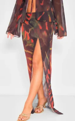 Online PrettyLittleThing Leaf Print Chiffon Side Split Maxi Skirt Red