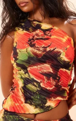 Hot PrettyLittleThing Lily Print Plisse One Shoulder Top Red