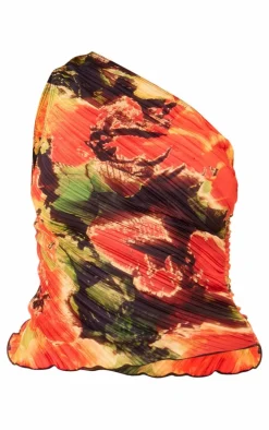 Hot PrettyLittleThing Lily Print Plisse One Shoulder Top Red