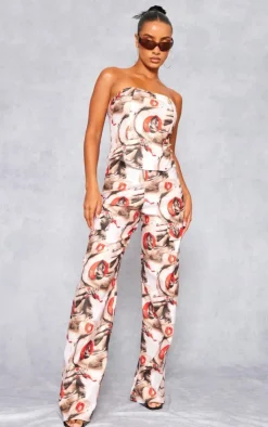 Online PrettyLittleThing Red Lips Print Stretch Woven Low Rise Cargo Pants Nude
