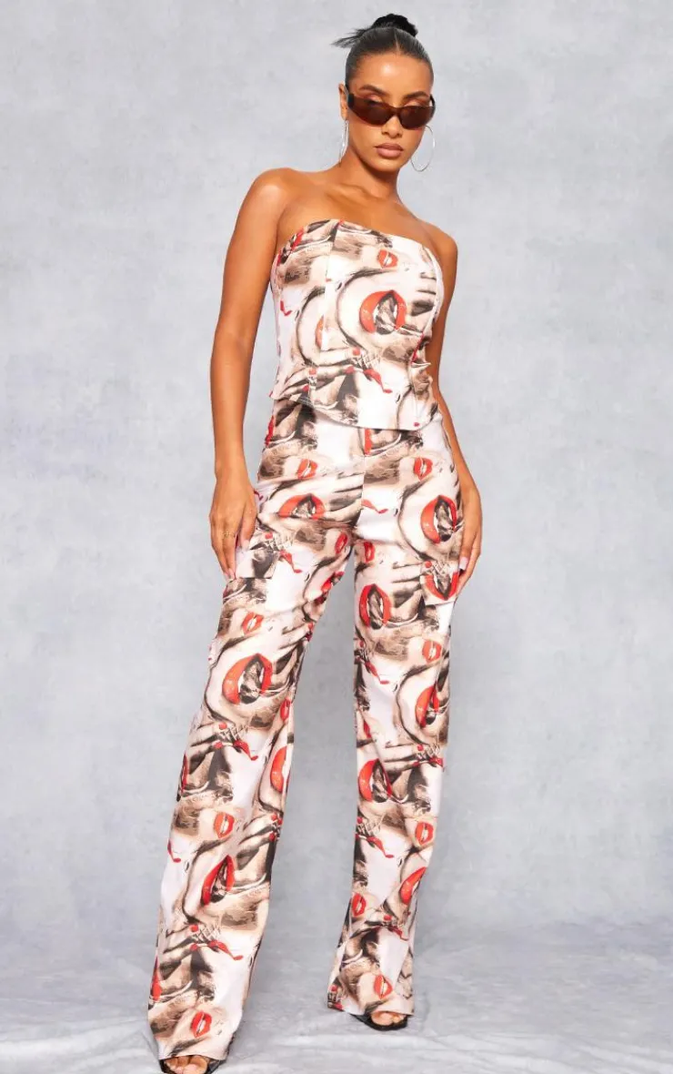 Online PrettyLittleThing Red Lips Print Stretch Woven Low Rise Cargo Pants Nude
