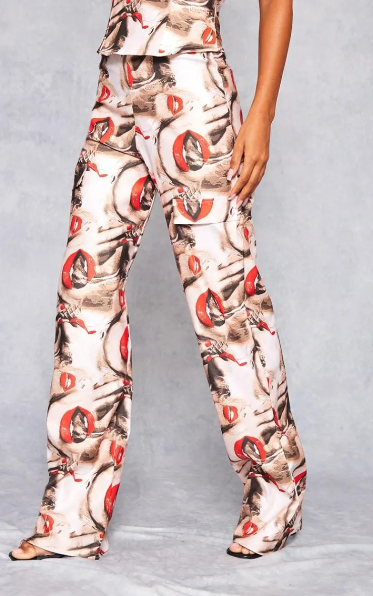 Online PrettyLittleThing Red Lips Print Stretch Woven Low Rise Cargo Pants Nude