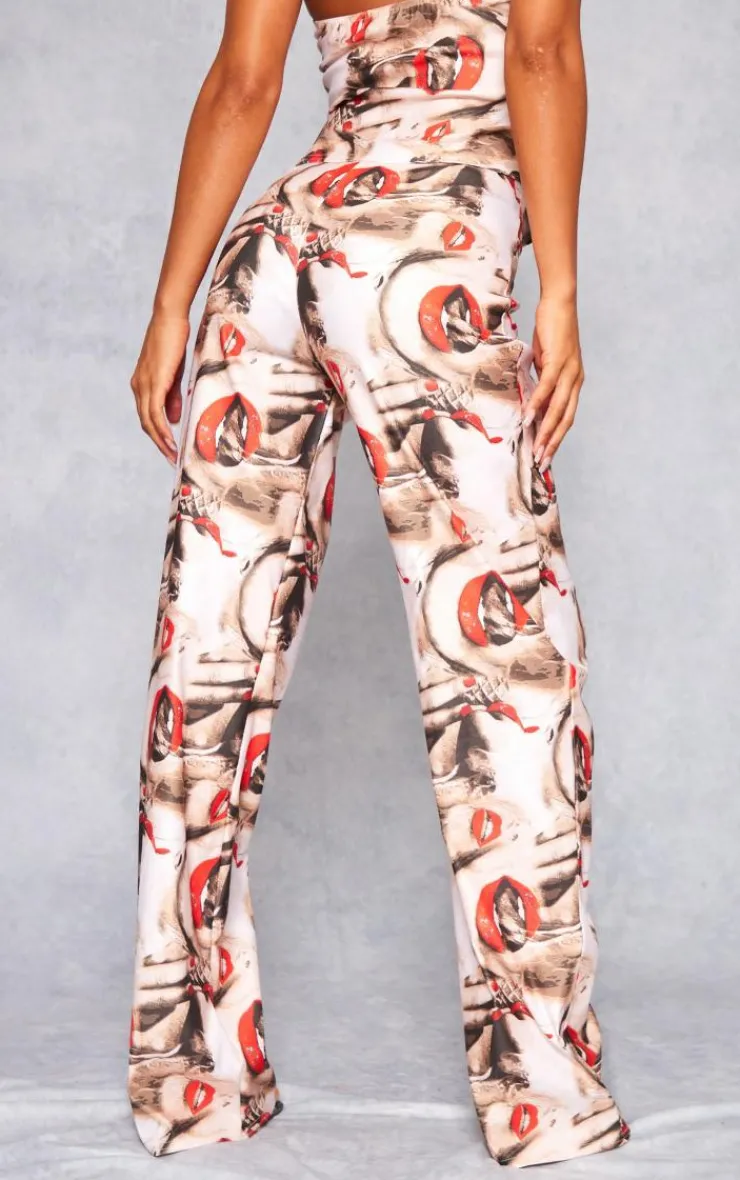 Online PrettyLittleThing Red Lips Print Stretch Woven Low Rise Cargo Pants Nude