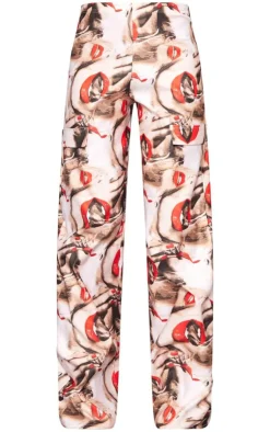 Online PrettyLittleThing Red Lips Print Stretch Woven Low Rise Cargo Pants Nude