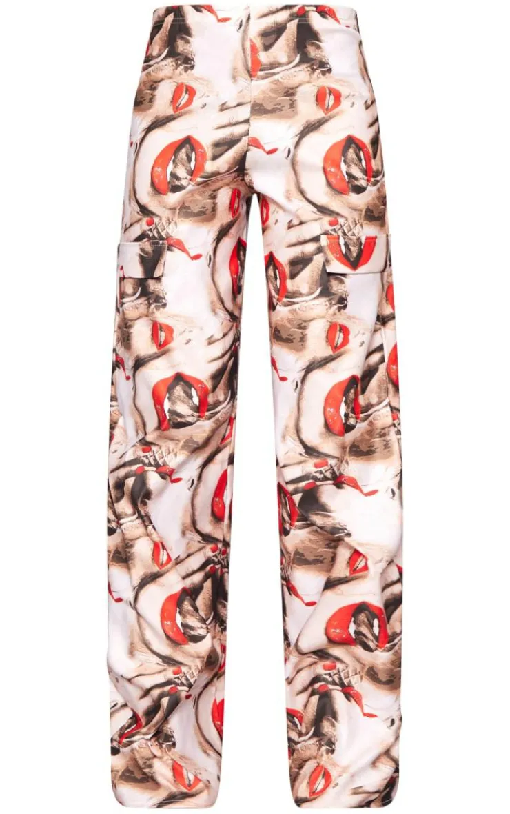 Online PrettyLittleThing Red Lips Print Stretch Woven Low Rise Cargo Pants Nude