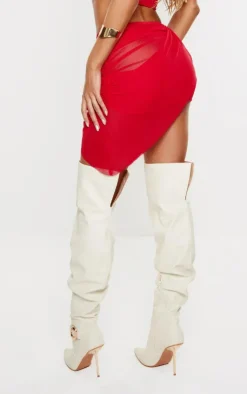 Online PrettyLittleThing Mesh Asymmetric Drape Panel Mini Skirt Red