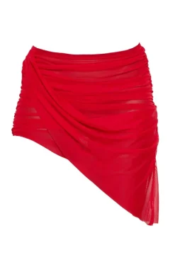 Online PrettyLittleThing Mesh Asymmetric Drape Panel Mini Skirt Red