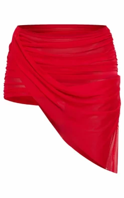 Discount PrettyLittleThing Mesh Asymmetric Panel Crop Top Red