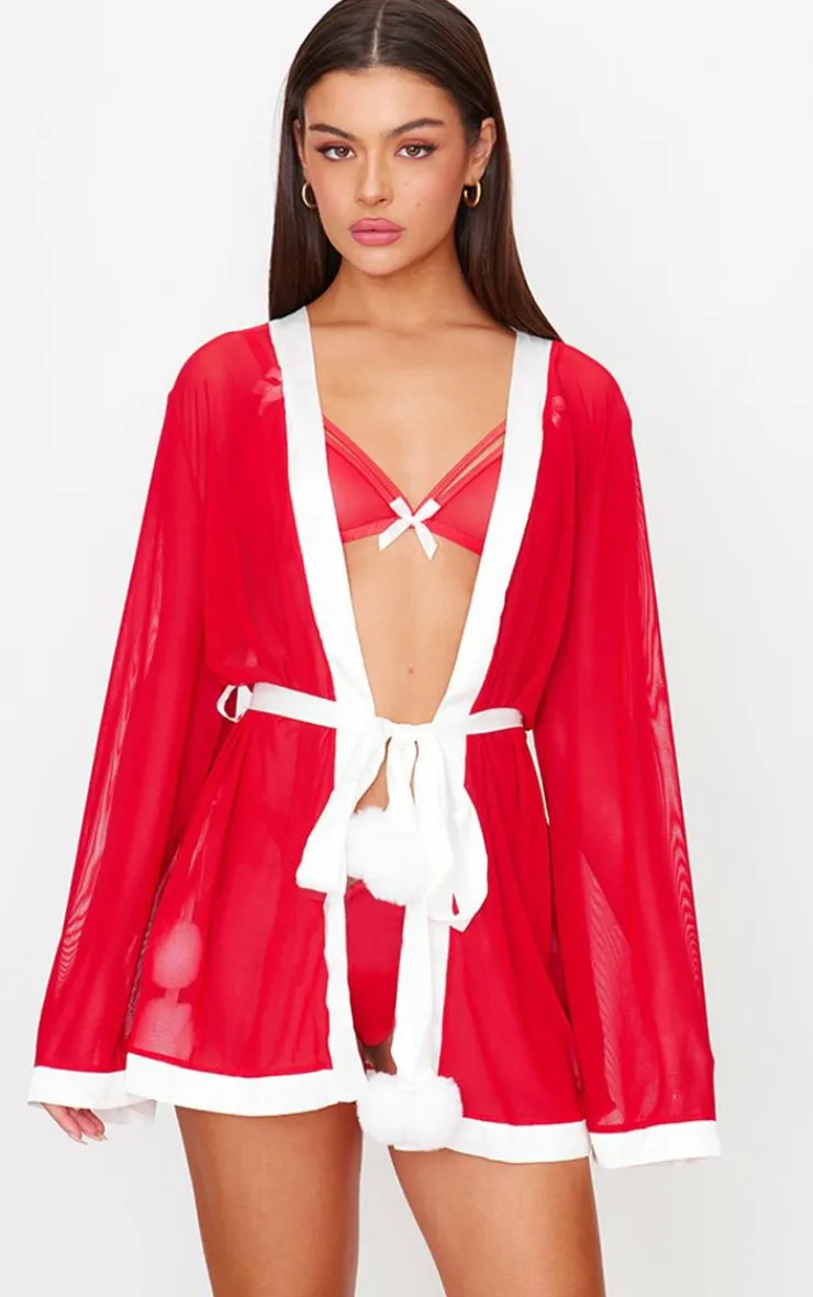 PrettyLittleThing Christmas Shop*Mesh Christmas Pom Pom Robe