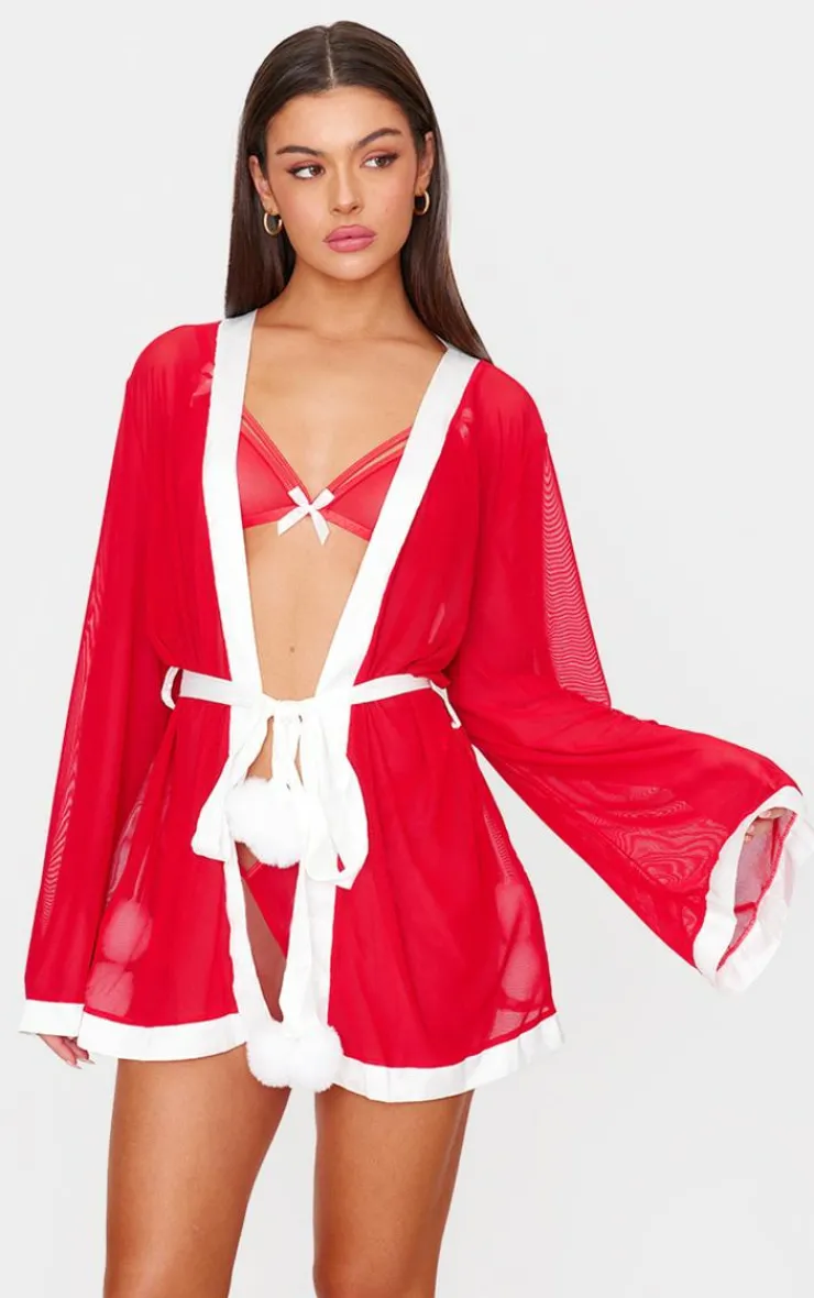 PrettyLittleThing Christmas Shop*Mesh Christmas Pom Pom Robe